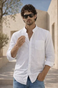 White Plain Regular Fit Chinese Collar Full Sleeve Exclusive Shirt